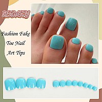 Rodaky Press On Toe Nails For Women Lake Blue Fake Toenail Glossy Solid Color Fashion False Toenail Full Cover Acrylic Foot Nail