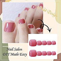 Rodaky Press On Toe Nails For Women Rose Pink Fake Toenail Glossy Solid Color Fashion False Toenail Full Cover Acrylic Foot Nail