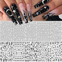 10 Sheets Black White Nail Art Stickers Gothic Nail Decals 3D Goth Snake Rose Flower Butterfly Eye Fishbone Star Moon Nail Stick