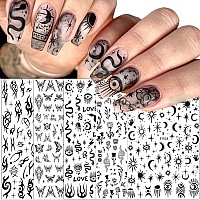 10 Sheets Black White Nail Art Stickers Gothic Nail Decals 3D Goth Snake Rose Flower Butterfly Eye Fishbone Star Moon Nail Stick