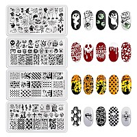 8Pcs Halloween Nail Stamping Plates Pumpkin Skull Bat Poker Image Stainless Steel Stencil Diy Nail Art Template Tools