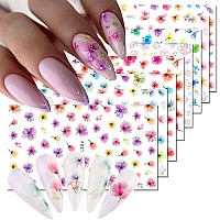 8 Sheets Flower Nail Art Stickers 3D Nail Stickers Acrylic Spring Nail Decals Nail Art Supplies Pink Floral Leaf Cherry Blossom