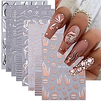 8Sheets Metallic Nail Art Stickers Lip Flame Maple Leaf Nail Decals 3D Selfadhesive Nail Supplies Stars Moon Silver Rose Gold L