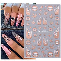 8Sheets Metallic Nail Art Stickers Lip Flame Maple Leaf Nail Decals 3D Selfadhesive Nail Supplies Stars Moon Silver Rose Gold L