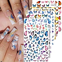 8 Sheets Butterfly Nail Art Stickers 3D Self Adhesive Butterfly Designs Nail Art Decals Pink Blue Colorful Butterflies Wings Des