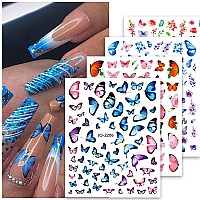 8 Sheets Butterfly Nail Art Stickers 3D Self Adhesive Butterfly Designs Nail Art Decals Pink Blue Colorful Butterflies Wings Des