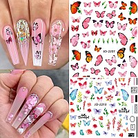 8 Sheets Butterfly Nail Art Stickers 3D Self Adhesive Butterfly Designs Nail Art Decals Pink Blue Colorful Butterflies Wings Des