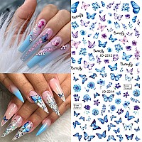 8 Sheets Butterfly Nail Art Stickers 3D Self Adhesive Butterfly Designs Nail Art Decals Pink Blue Colorful Butterflies Wings Des