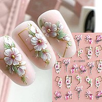 4Pcs Flower Nail Art Stickers 5D Nail Stickers Acrylic Embossed Engraved Nail Decals Nail Art Supplies Pink White Floral Leaf Ch