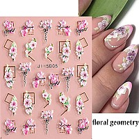 4Pcs Flower Nail Art Stickers 5D Nail Stickers Acrylic Embossed Engraved Nail Decals Nail Art Supplies Pink White Floral Leaf Ch