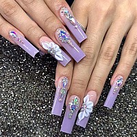 Yoyoee Long Coffin False Nails Purple Gradient Press On Nails Daisy Fake Nails Acrylic Diamond Inlaid Manicure Nails Tips For Wo