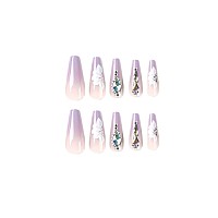 Yoyoee Long Coffin False Nails Purple Gradient Press On Nails Daisy Fake Nails Acrylic Diamond Inlaid Manicure Nails Tips For Wo