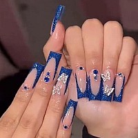 Yoyoee Long Coffin False Nails Blue Butterfly Press On Nails French Fake Nails Acrylic Ballerina Nails Tips For Women And Girls