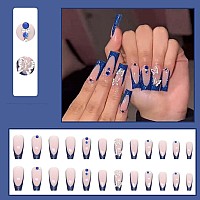 Yoyoee Long Coffin False Nails Blue Butterfly Press On Nails French Fake Nails Acrylic Ballerina Nails Tips For Women And Girls