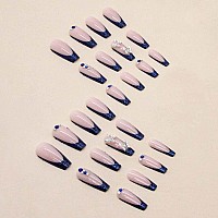 Yoyoee Long Coffin False Nails Blue Butterfly Press On Nails French Fake Nails Acrylic Ballerina Nails Tips For Women And Girls