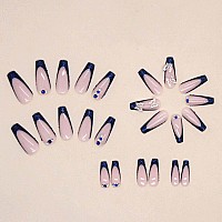 Yoyoee Long Coffin False Nails Blue Butterfly Press On Nails French Fake Nails Acrylic Ballerina Nails Tips For Women And Girls