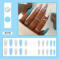 Rtkhfze Summer Acrylic Press On Nails Long Blue Fake Nails French Extra Long Acrylic Nails With Blue Swirl Designs Glossy Artifi