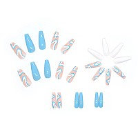 Rtkhfze Summer Acrylic Press On Nails Long Blue Fake Nails French Extra Long Acrylic Nails With Blue Swirl Designs Glossy Artifi