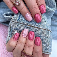 24 Pcs Square Press On Nails Short Full Cover Short Fake Nails Glossy Pink Stick On Nails French False Nails With Design Glitte