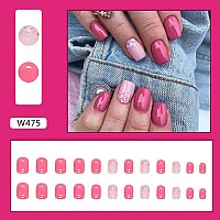 24 Pcs Square Press On Nails Short Full Cover Short Fake Nails Glossy Pink Stick On Nails French False Nails With Design Glitte