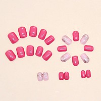 24 Pcs Square Press On Nails Short Full Cover Short Fake Nails Glossy Pink Stick On Nails French False Nails With Design Glitte