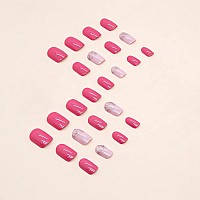 24 Pcs Square Press On Nails Short Full Cover Short Fake Nails Glossy Pink Stick On Nails French False Nails With Design Glitte