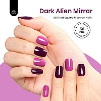 Beetles Press On Nail False Nail Tips With Nail Glue 2 Colors Short Square Fake Nails 56Pcs Dark Purple Nail Kit Dark Alien Mi