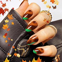 Fall Press On Nails Short Almond Showmore Green Brown Fake Nails Medium Tortoise Amber Glue On Nails False Nails With Design St