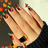 Fall Press On Nails Short Almond Showmore Green Brown Fake Nails Medium Tortoise Amber Glue On Nails False Nails With Design St