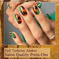 Fall Press On Nails Short Almond Showmore Green Brown Fake Nails Medium Tortoise Amber Glue On Nails False Nails With Design St