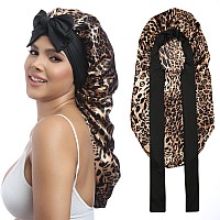 Awaytr Long Satin Bonnet For Braids Elastic Silk Hair Bonnets For Sleeping Night Cap Stretchy Tie Band For Womenleopard