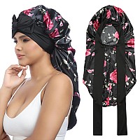 Awaytr Long Satin Bonnet For Braids Elastic Silk Hair Bonnets For Sleeping Night Cap Stretchy Tie Band For Womenflower C