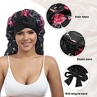 Awaytr Long Satin Bonnet For Braids Elastic Silk Hair Bonnets For Sleeping Night Cap Stretchy Tie Band For Womenflower C