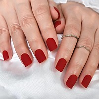 Elevenail Rubber Matte Red Press On Nails Short Squoval Soild Color False Acrylic Nail Art Tips Salon Women Girls Diy Manicure D