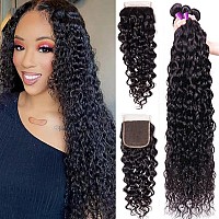 Wet And Wavy Bundles With Closure Water Wave 3 Bundles With 4X 4 Transparent Swiss Free Part Lace Closure Water Wave Hair Extens