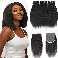 Odir Kinky Straight Bundles With Closure Brazilian Human Hair Unprocessed 9A Yaki Straight Virgin Hair 3 Bundles With 4X4 Lace C