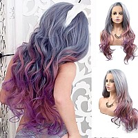 Xiweiya 13X3 Lace Wigs Silver Grey Mixed Blue Hair Ombre Rose Purple Synthetic Lace Front Wig Long Wavy Ash Purple Wig For Fashi