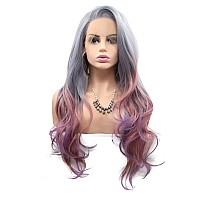 Xiweiya 13X3 Lace Wigs Silver Grey Mixed Blue Hair Ombre Rose Purple Synthetic Lace Front Wig Long Wavy Ash Purple Wig For Fashi