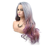 Xiweiya 13X3 Lace Wigs Silver Grey Mixed Blue Hair Ombre Rose Purple Synthetic Lace Front Wig Long Wavy Ash Purple Wig For Fashi