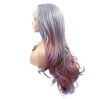 Xiweiya 13X3 Lace Wigs Silver Grey Mixed Blue Hair Ombre Rose Purple Synthetic Lace Front Wig Long Wavy Ash Purple Wig For Fashi