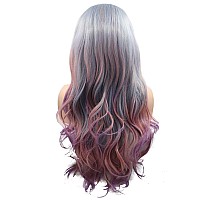 Xiweiya 13X3 Lace Wigs Silver Grey Mixed Blue Hair Ombre Rose Purple Synthetic Lace Front Wig Long Wavy Ash Purple Wig For Fashi