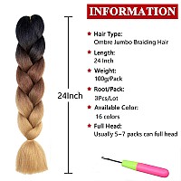 Xtrend 6 Pcs Ombre Jumbo Braiding Hair Extension 24 Inch 3 Tone Jumbo Box Braiding Hair Jumbo Braid Synthetic Hair For Braiding