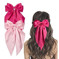 Furling Pompoms Hair Bows Clip Hot Pink Bow For Womens Hair 2 Pack Elegant Satin Bow Hair Accessories For Birthday Wedding