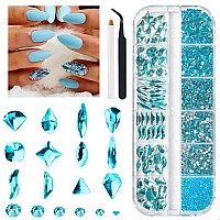 Qiipii 2052Pcs Aquamarine Nail Rhinestones Water Blue Stones For Nails 72 Multi Shapes Big Gems 1980 Flatback Round Beads K9 Gl