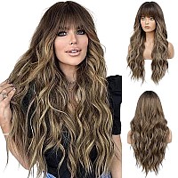 Haircube Brown With Blonde Highlight Wig Long Curly Wig With Bangs Brown Wig Natural Appearance Heatresistant Synthetic Wig Sui