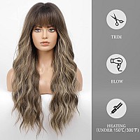 Haircube Brown With Blonde Highlight Wig Long Curly Wig With Bangs Brown Wig Natural Appearance Heatresistant Synthetic Wig Sui