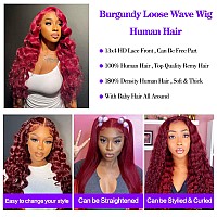 Fashion Plus 99J Loose Wave Lace Front Wigs Human Hair Pre Plucked 180 Density 13X4 Hd Transparent Burgundy Loose Deep Wave Ful