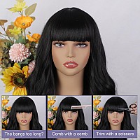 Lativ Black Wig With Bangs Long Wavy Wig For Women Synthetic Curly Natural Black Wigs Hair Replacement Wigs For Girls Daily Part