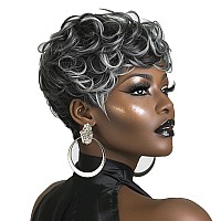 Moonshow Grey Wigs For Black Women Black Mixed Grey Pixie Cut Wig Short Gray Hair Wigs For Black Women Ombre Grey Short Curly Pi