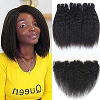 Odir Kinky Straight Bundles With Frontal Brazilian Human Hair Unprocessed 9A Yaki Straight Virgin Hair 3 Bundles With 13X4 Lace